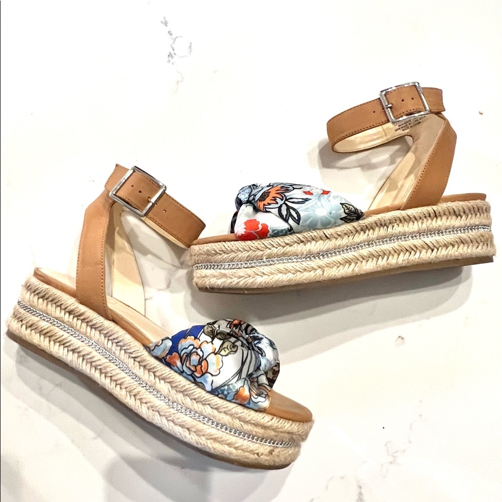 Jessica Simpson espadrille sandal with blue fabric and leather straps.